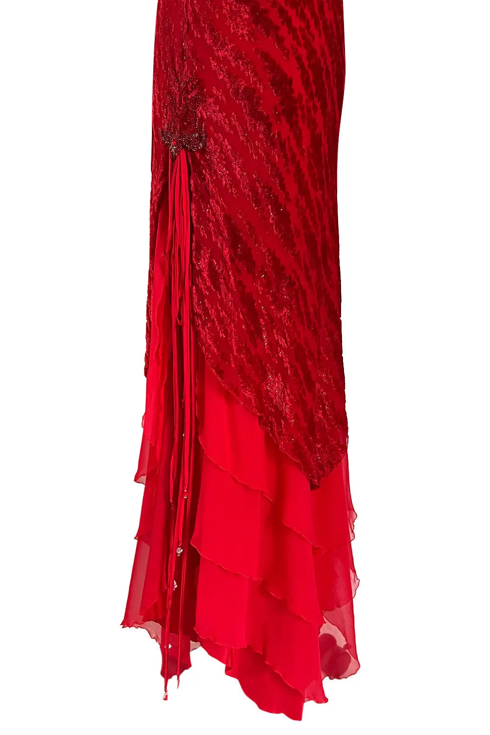 1970s Holly's Harp Red Silk Devore Velvet Dress w Silk Chiffon Layered Underskirt & Bead Details