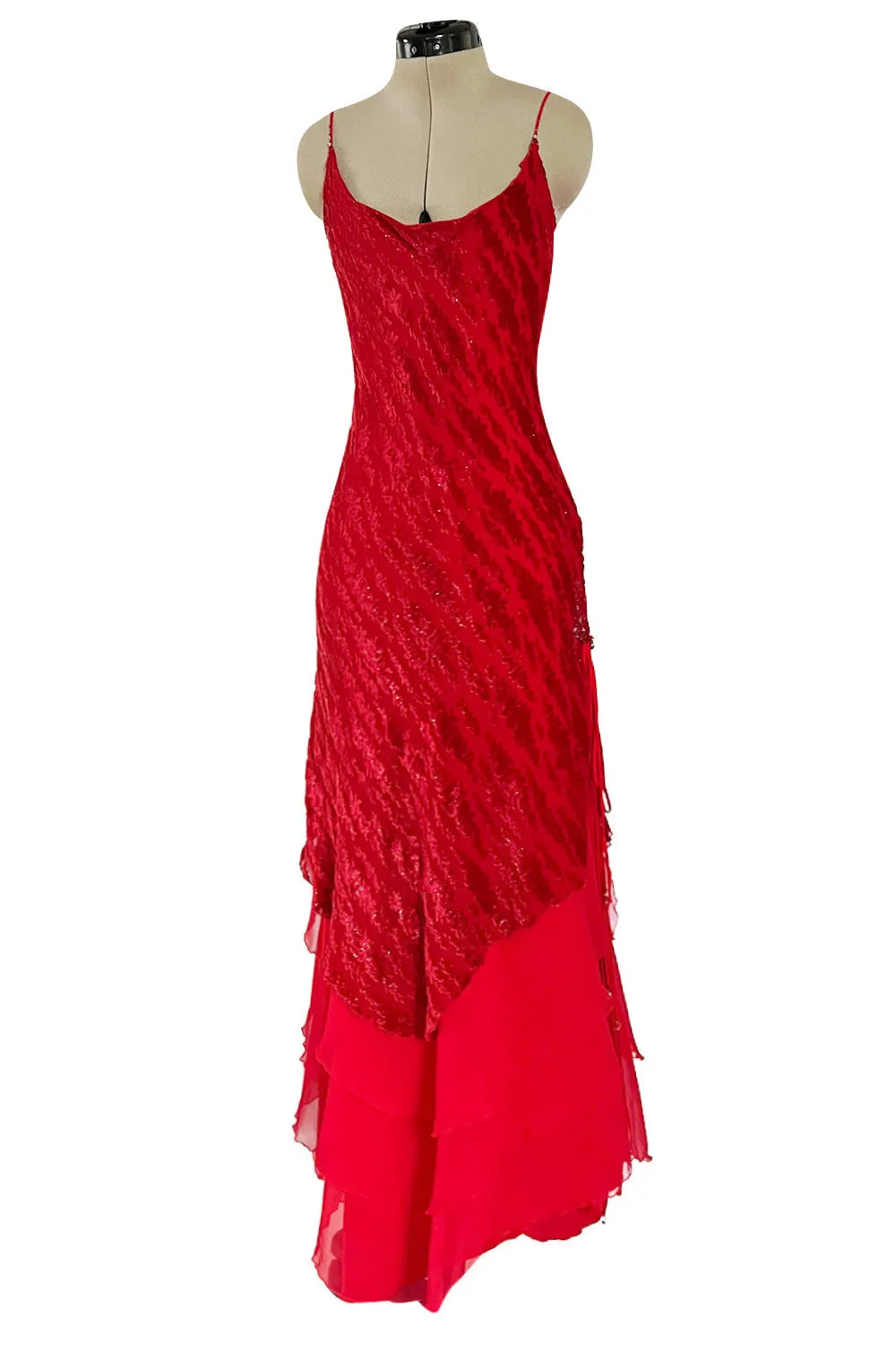 1970s Holly's Harp Red Silk Devore Velvet Dress w Silk Chiffon Layered Underskirt & Bead Details