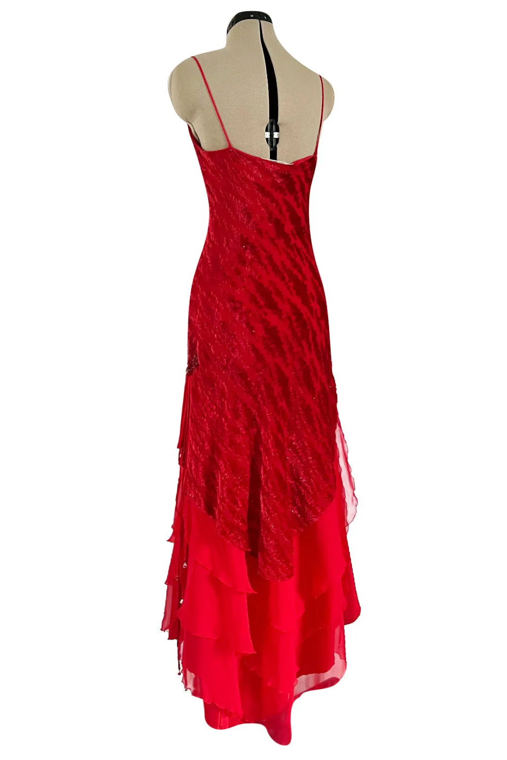 1970s Holly's Harp Red Silk Devore Velvet Dress w Silk Chiffon Layered Underskirt & Bead Details