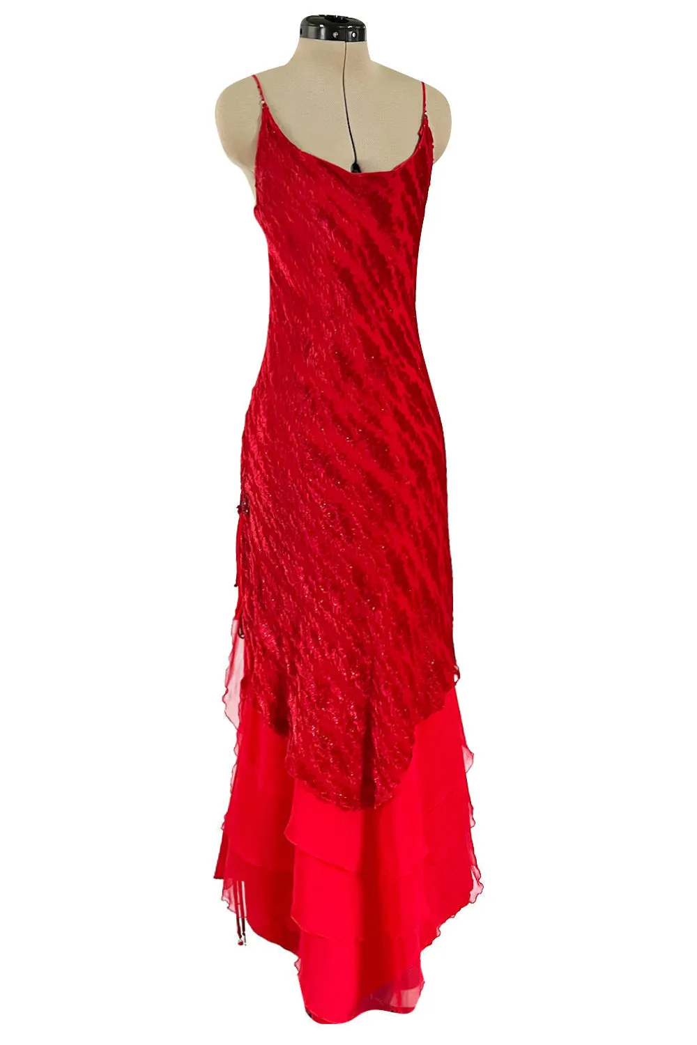 1970s Holly's Harp Red Silk Devore Velvet Dress w Silk Chiffon Layered Underskirt & Bead Details