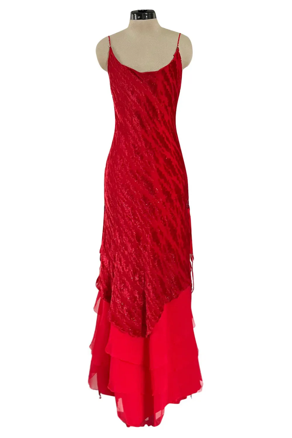 1970s Holly's Harp Red Silk Devore Velvet Dress w Silk Chiffon Layered Underskirt & Bead Details