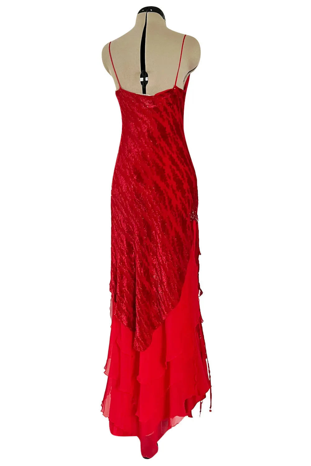 1970s Holly's Harp Red Silk Devore Velvet Dress w Silk Chiffon Layered Underskirt & Bead Details