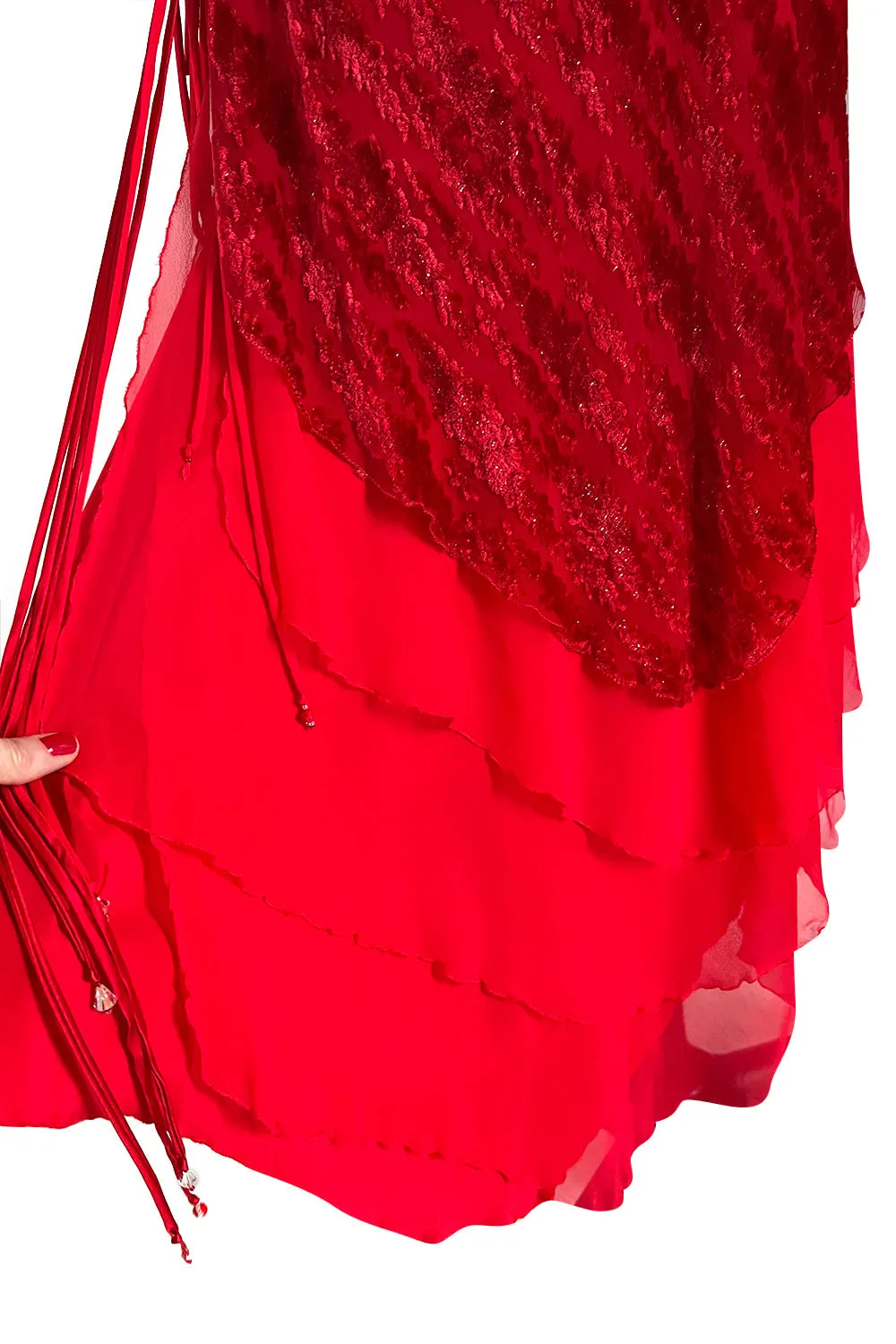 1970s Holly's Harp Red Silk Devore Velvet Dress w Silk Chiffon Layered Underskirt & Bead Details