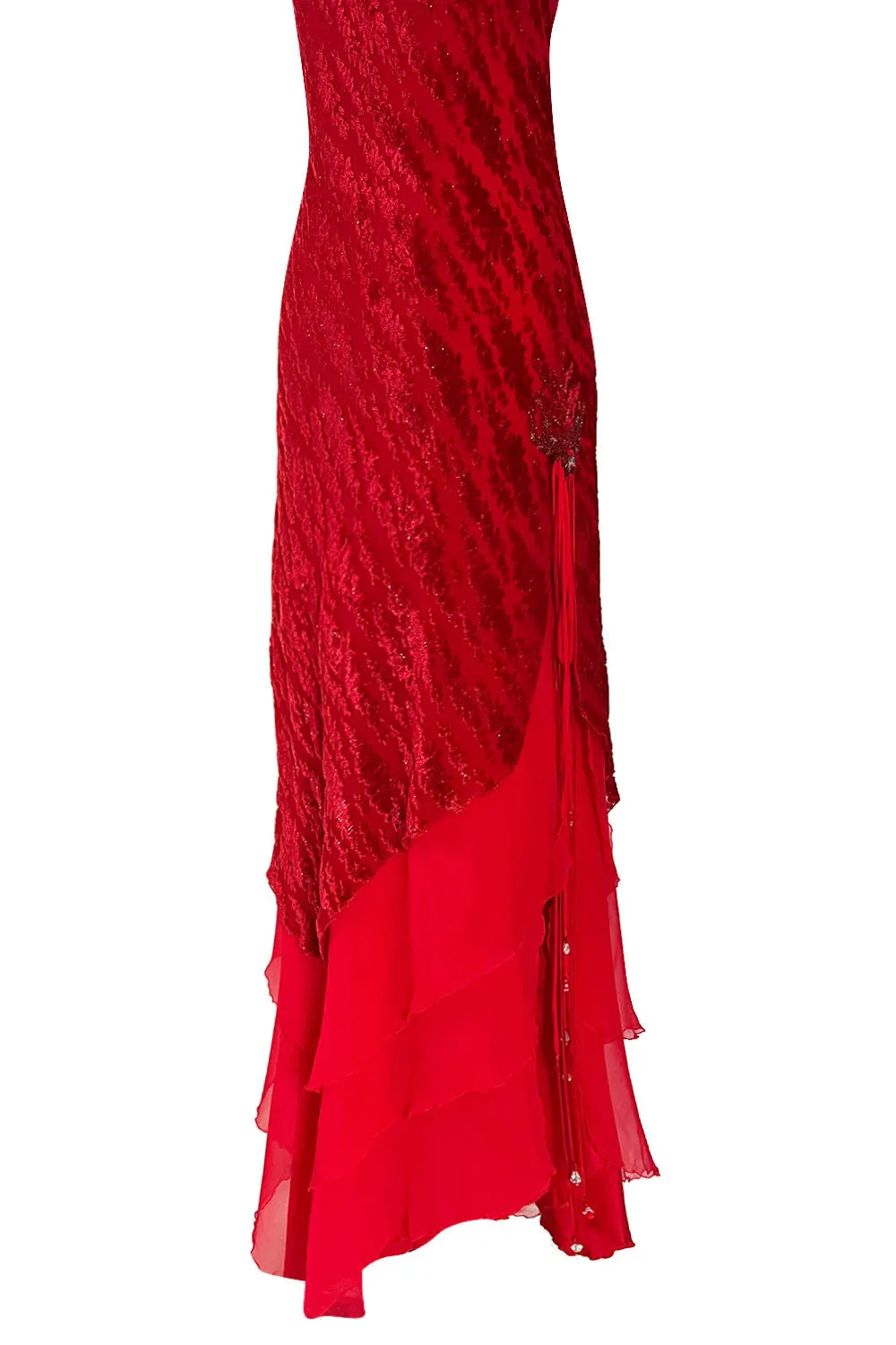 1970s Holly's Harp Red Silk Devore Velvet Dress w Silk Chiffon Layered Underskirt & Bead Details