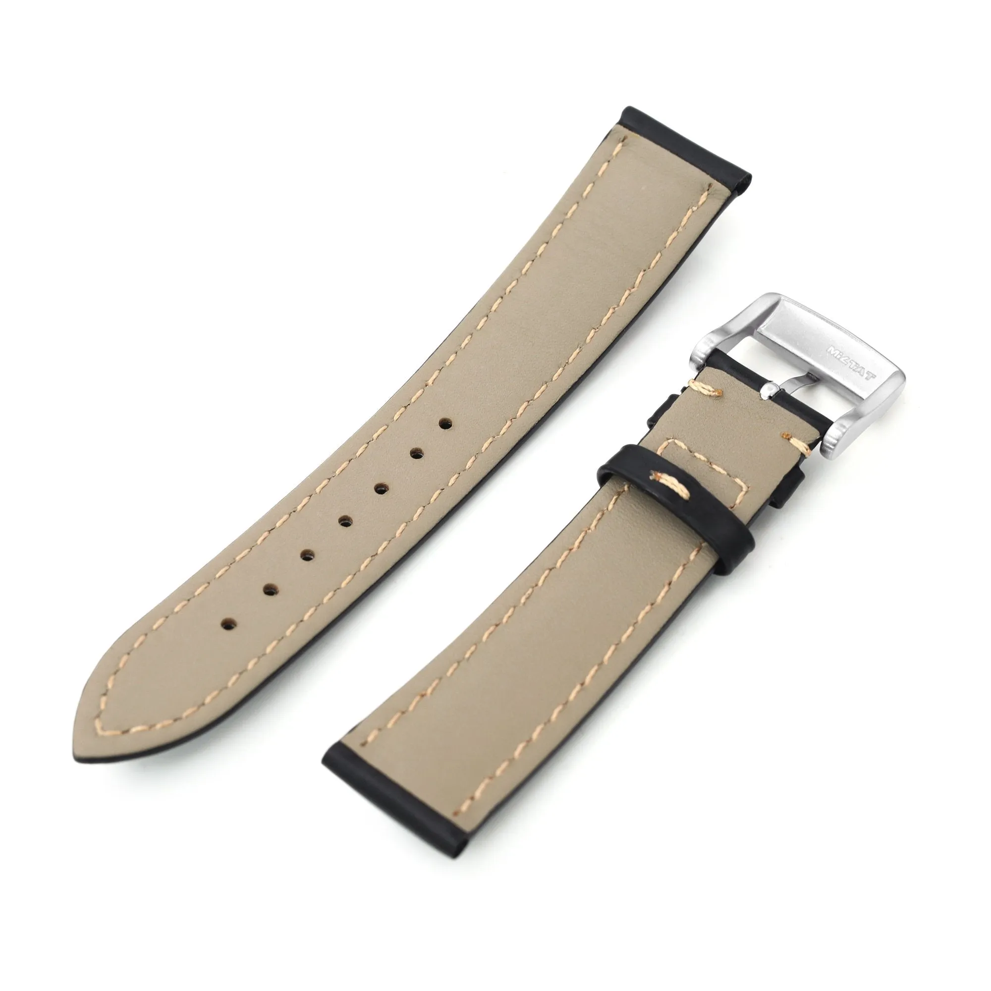 20mm Black Tapered Smooth Leather Watch Band, Brushed Buckle