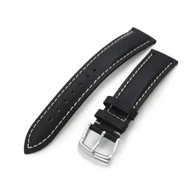 20mm Black Tapered Smooth Leather Watch Band, Brushed Buckle