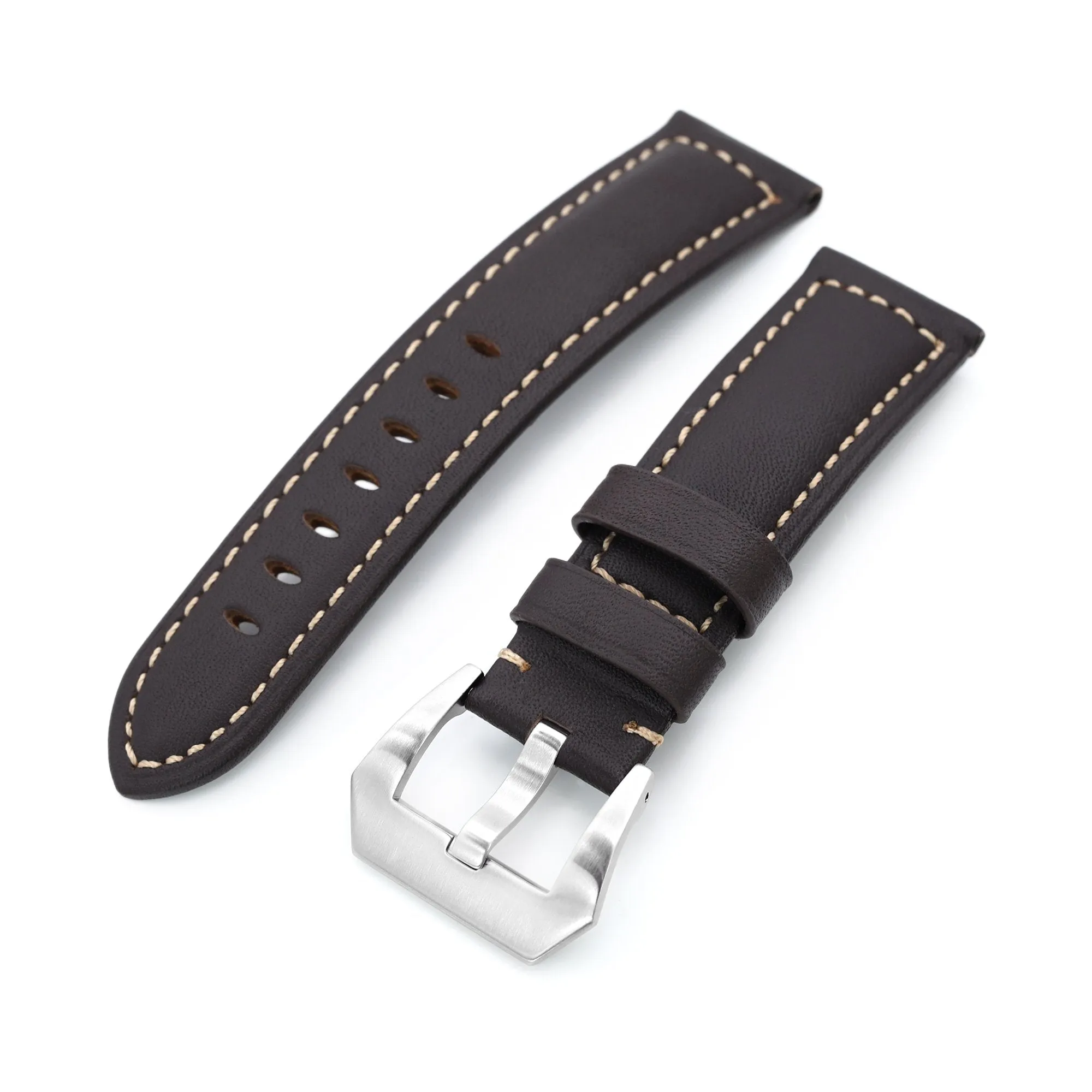 22mm Dark Brown Tapered Semi-matte Leather Watch Band, Brushed Buckle