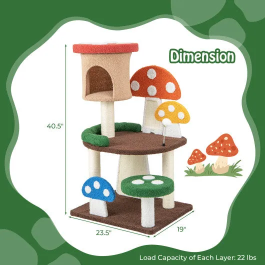 4-In-1 Mushroom Cat Tree with Condo Spring Ball and Sisal Posts-Multicolor