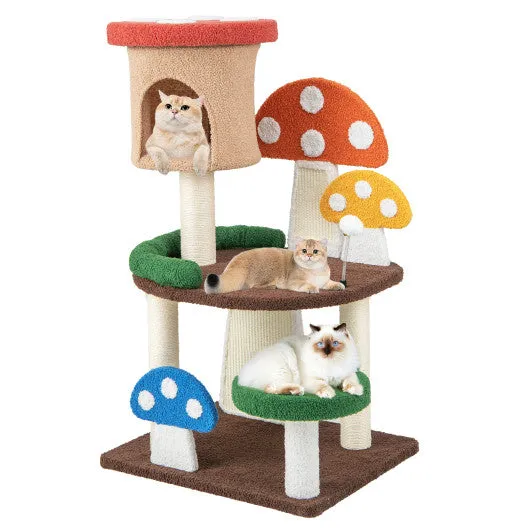 4-In-1 Mushroom Cat Tree with Condo Spring Ball and Sisal Posts-Multicolor