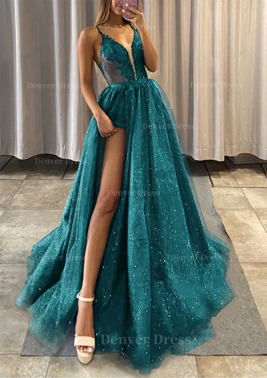 A-line V Neck Spaghetti Straps Long/Floor-Length Tulle Prom Dress With Appliqued Glitter Split Left