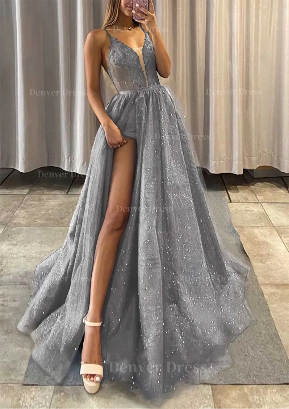 A-line V Neck Spaghetti Straps Long/Floor-Length Tulle Prom Dress With Appliqued Glitter Split Left