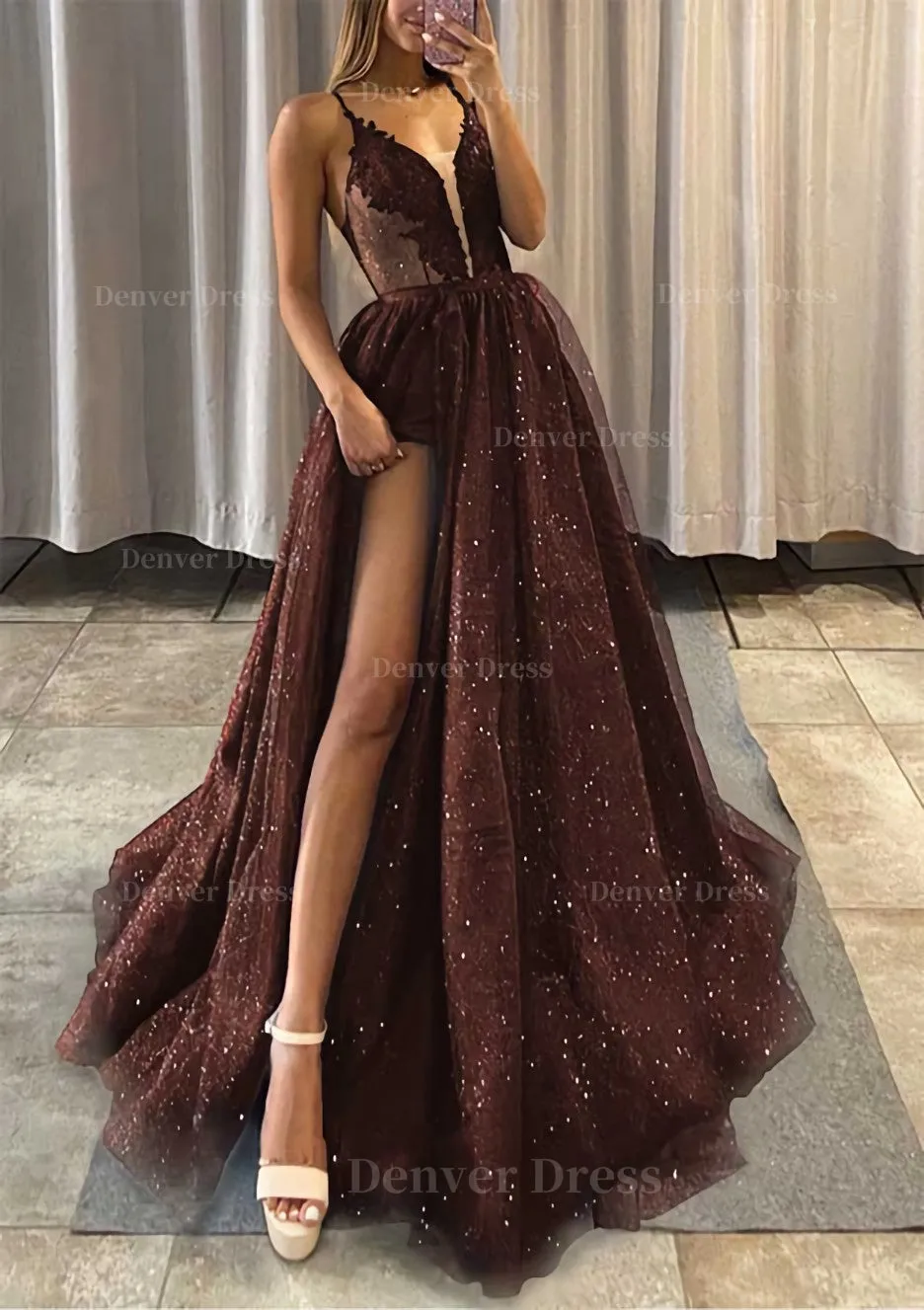 A-line V Neck Spaghetti Straps Long/Floor-Length Tulle Prom Dress With Appliqued Glitter Split Left