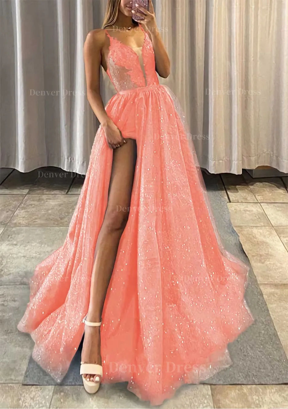 A-line V Neck Spaghetti Straps Long/Floor-Length Tulle Prom Dress With Appliqued Glitter Split Left