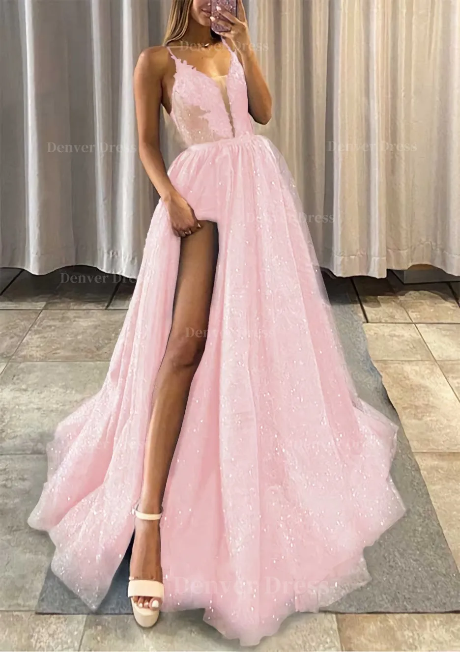 A-line V Neck Spaghetti Straps Long/Floor-Length Tulle Prom Dress With Appliqued Glitter Split Left