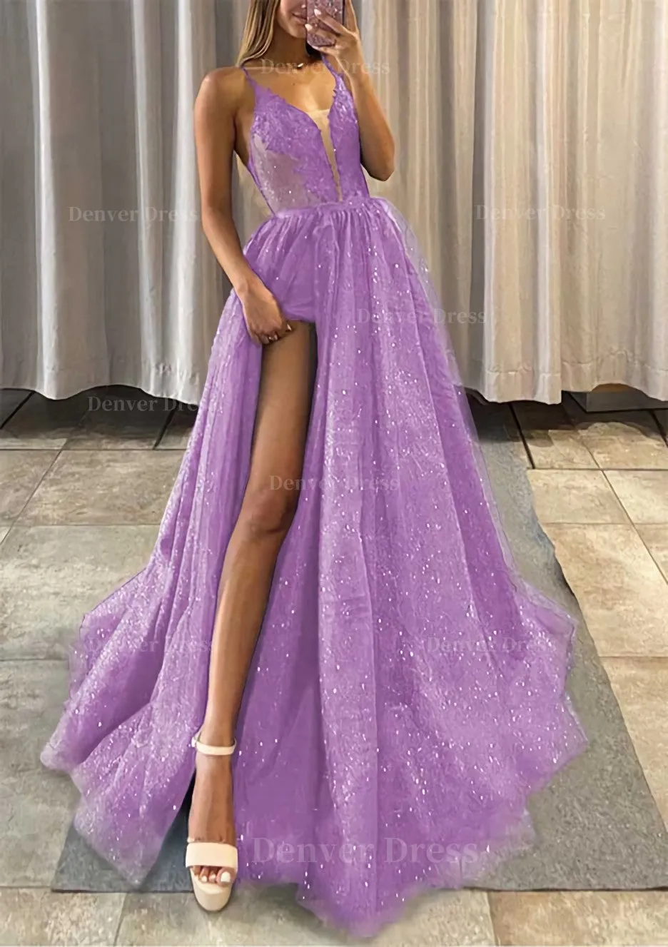 A-line V Neck Spaghetti Straps Long/Floor-Length Tulle Prom Dress With Appliqued Glitter Split Left