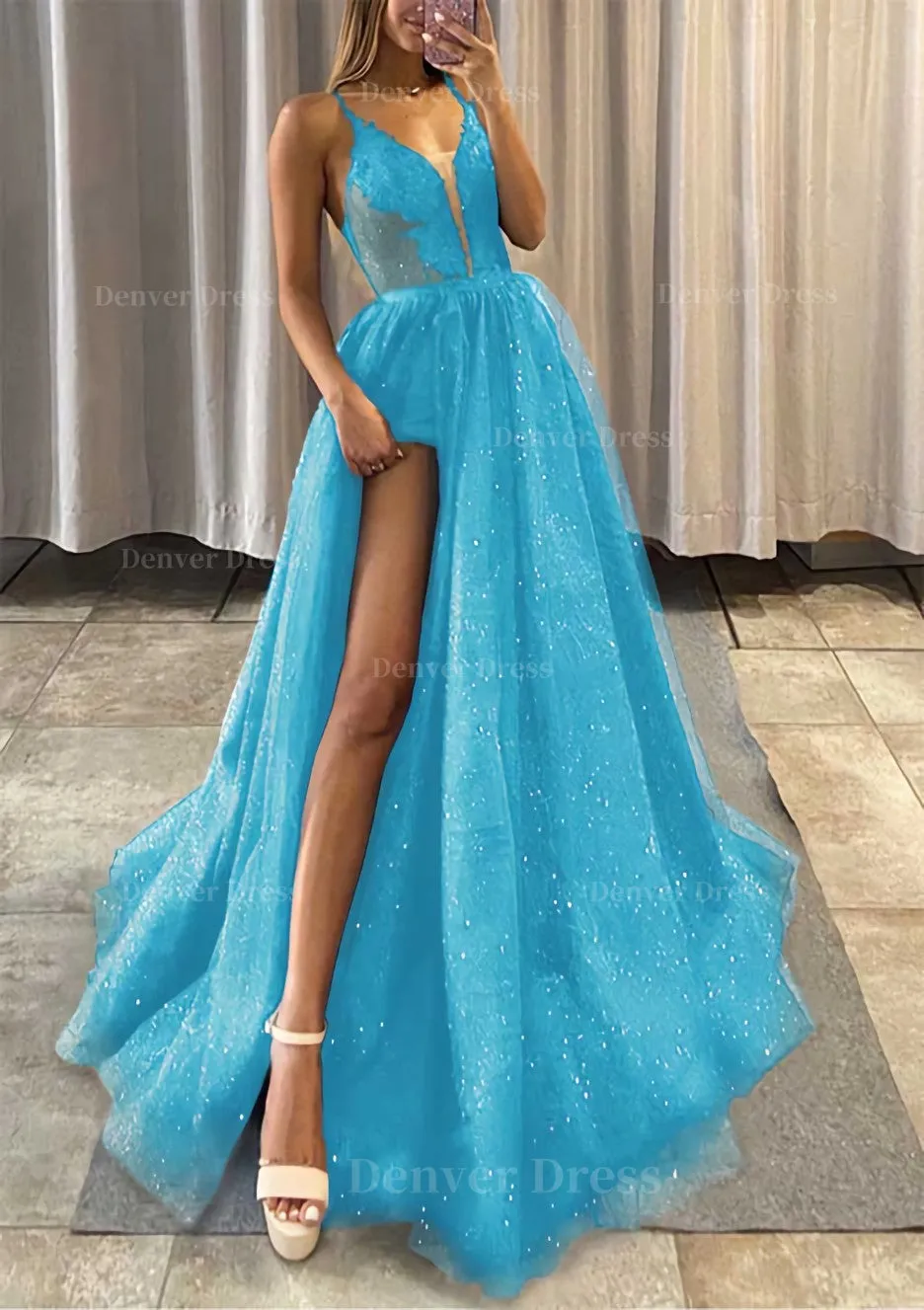 A-line V Neck Spaghetti Straps Long/Floor-Length Tulle Prom Dress With Appliqued Glitter Split Left