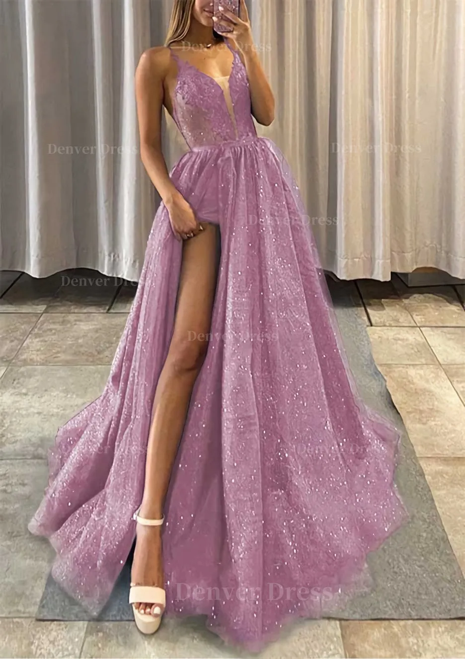 A-line V Neck Spaghetti Straps Long/Floor-Length Tulle Prom Dress With Appliqued Glitter Split Left