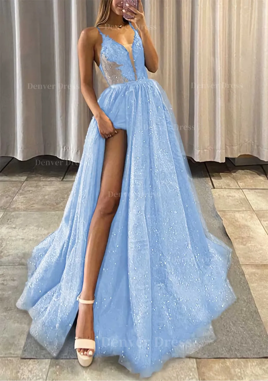 A-line V Neck Spaghetti Straps Long/Floor-Length Tulle Prom Dress With Appliqued Glitter Split Left