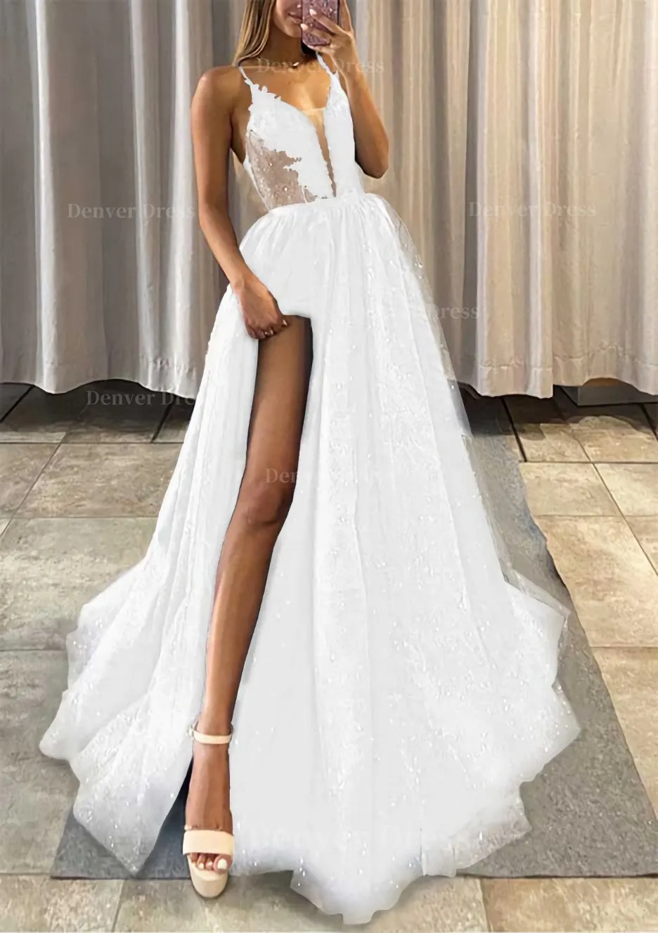 A-line V Neck Spaghetti Straps Long/Floor-Length Tulle Prom Dress With Appliqued Glitter Split Left