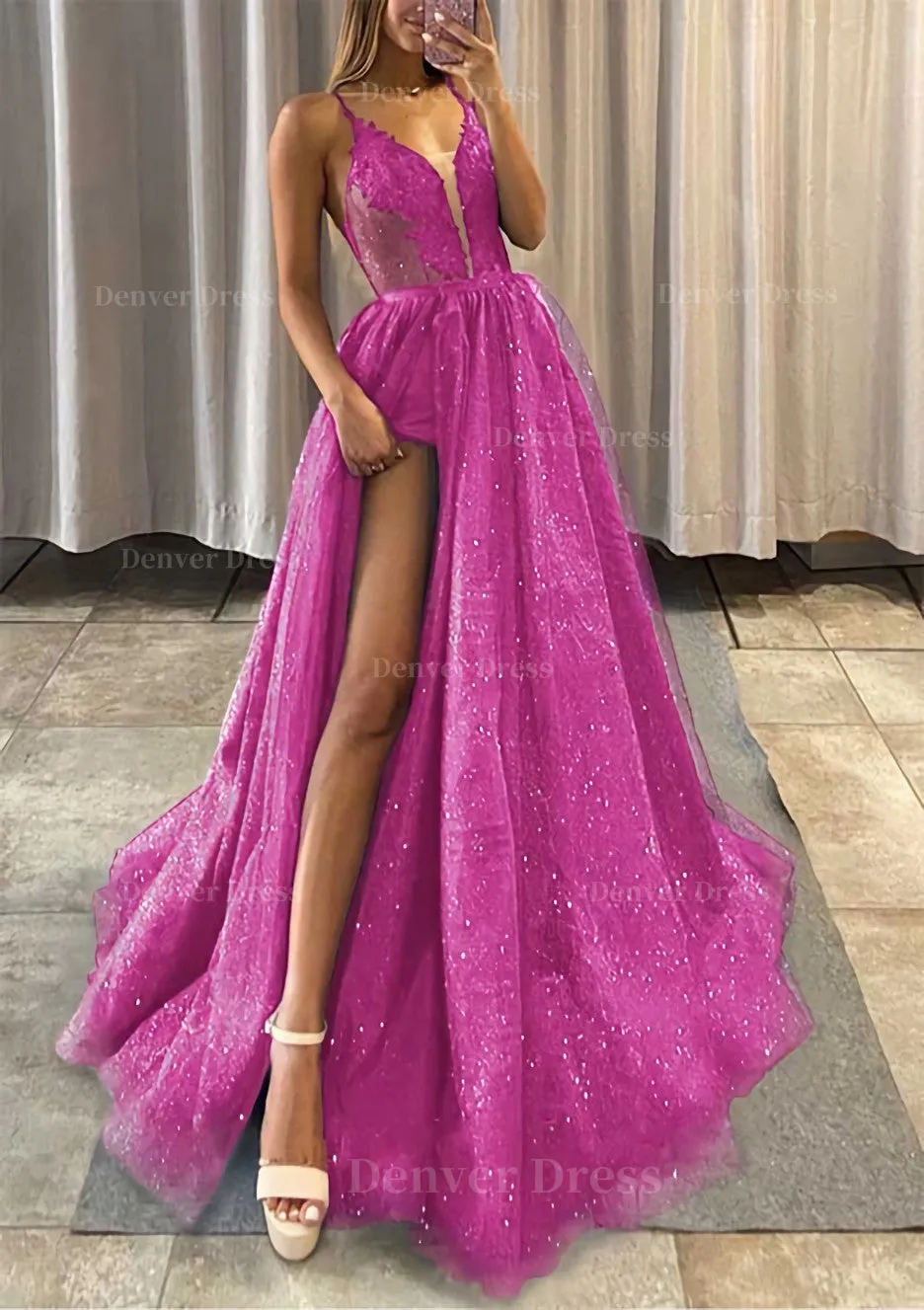 A-line V Neck Spaghetti Straps Long/Floor-Length Tulle Prom Dress With Appliqued Glitter Split Left