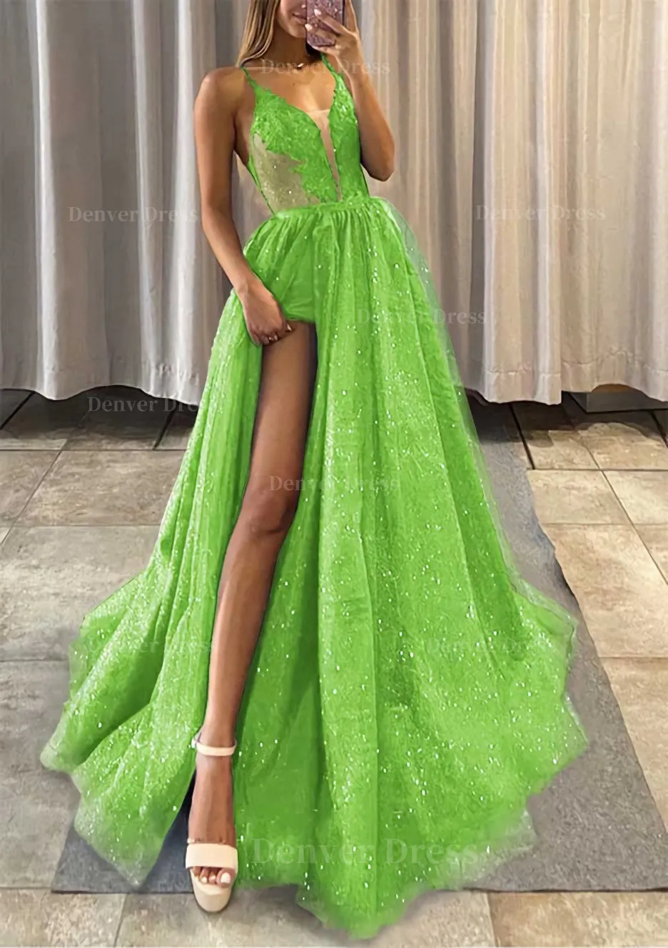 A-line V Neck Spaghetti Straps Long/Floor-Length Tulle Prom Dress With Appliqued Glitter Split Left