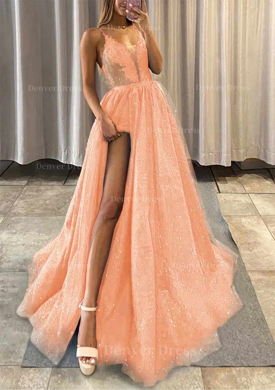 A-line V Neck Spaghetti Straps Long/Floor-Length Tulle Prom Dress With Appliqued Glitter Split Left