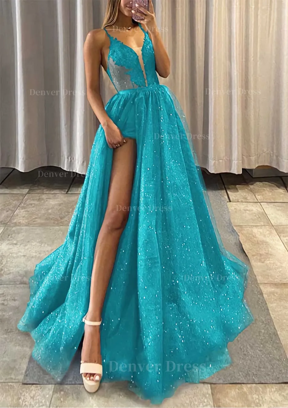 A-line V Neck Spaghetti Straps Long/Floor-Length Tulle Prom Dress With Appliqued Glitter Split Left