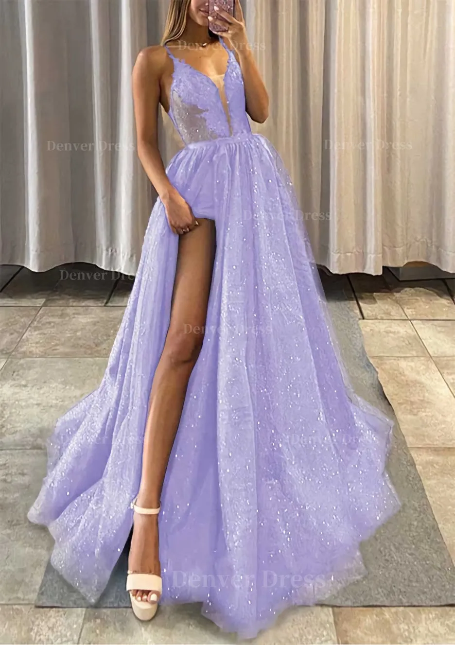 A-line V Neck Spaghetti Straps Long/Floor-Length Tulle Prom Dress With Appliqued Glitter Split Left