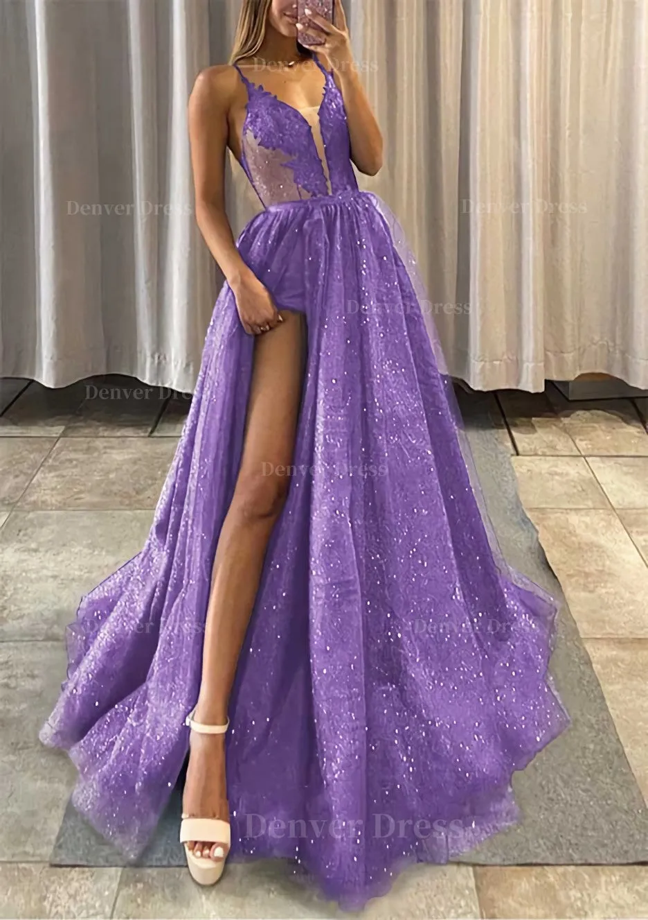 A-line V Neck Spaghetti Straps Long/Floor-Length Tulle Prom Dress With Appliqued Glitter Split Left