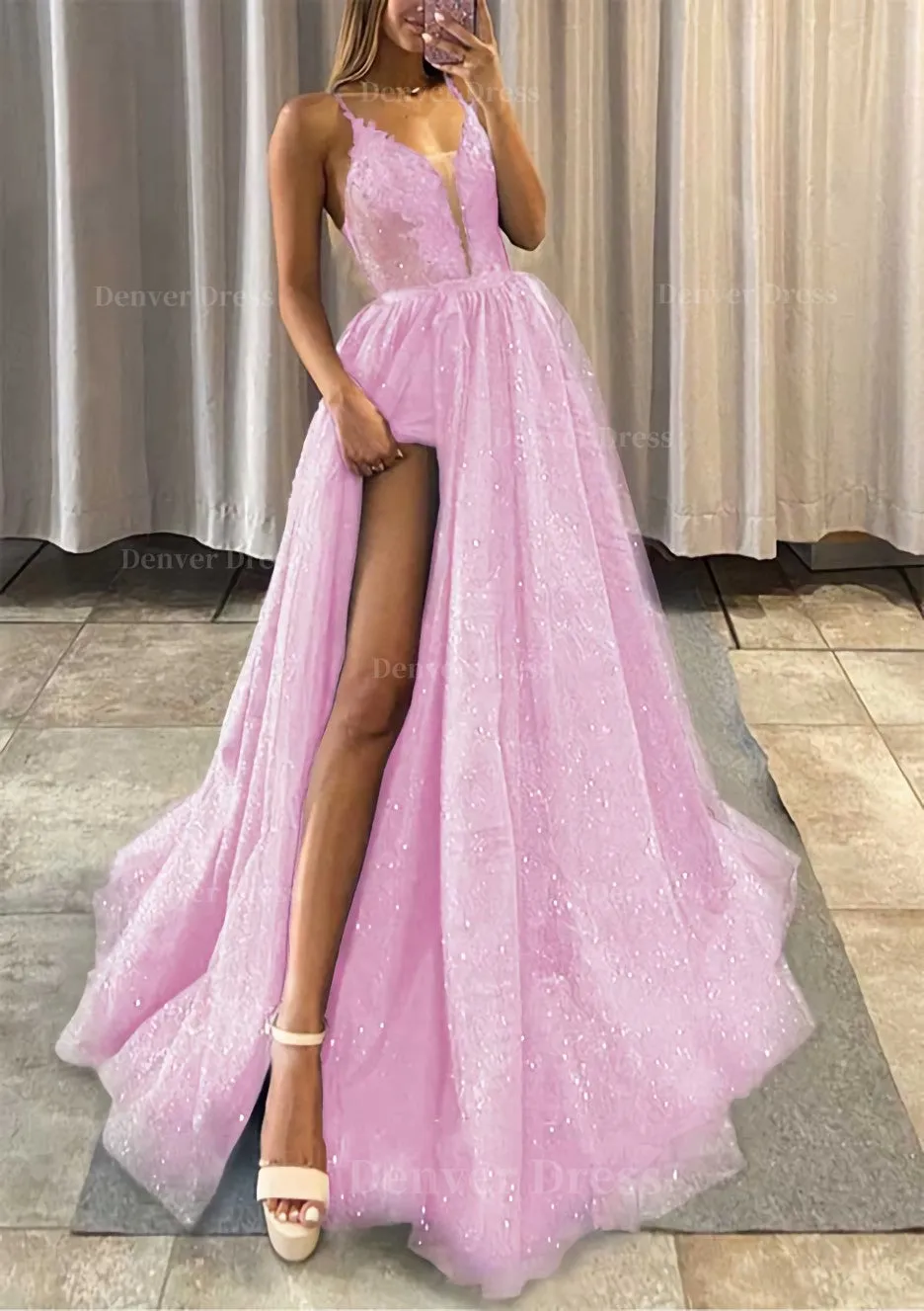 A-line V Neck Spaghetti Straps Long/Floor-Length Tulle Prom Dress With Appliqued Glitter Split Left