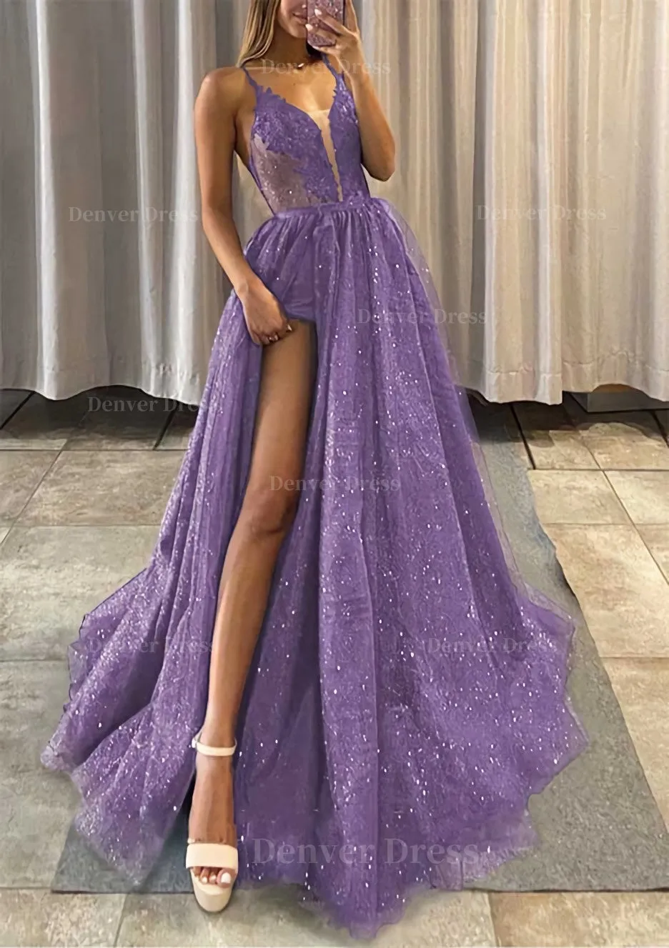 A-line V Neck Spaghetti Straps Long/Floor-Length Tulle Prom Dress With Appliqued Glitter Split Left