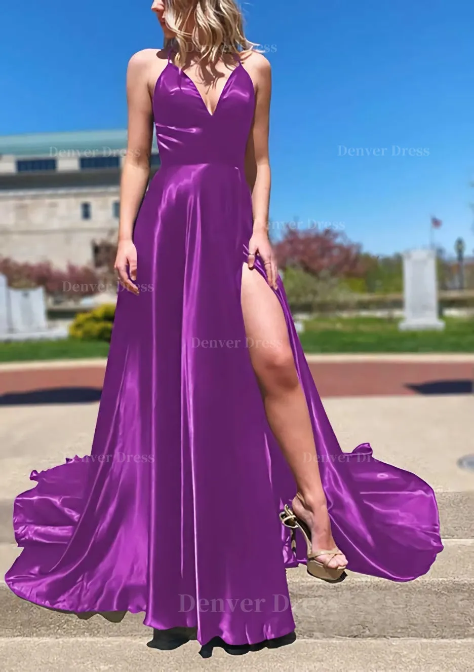 A-line V Neck Spaghetti Straps Sweep Train Charmeuse Prom Dress With Split