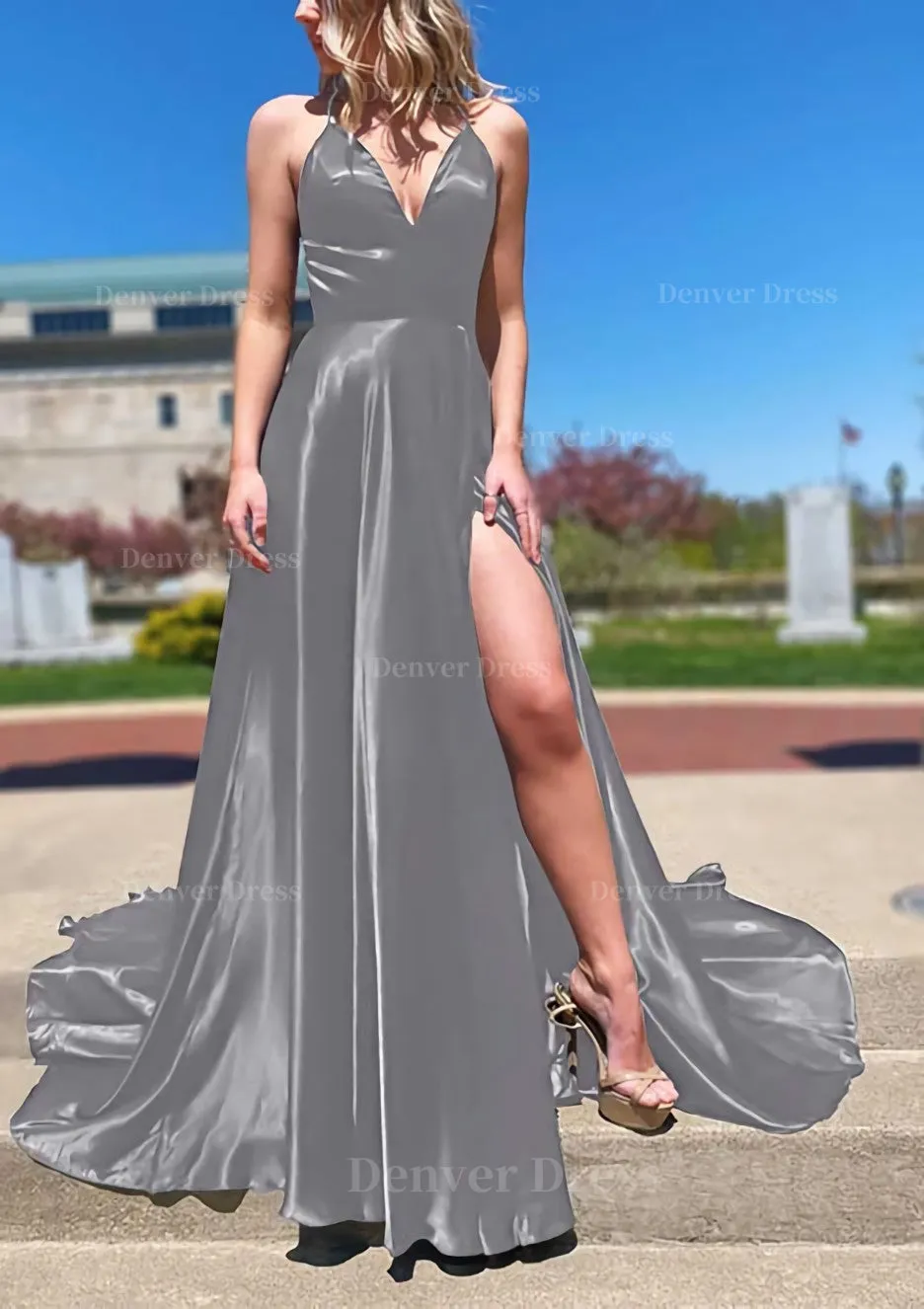 A-line V Neck Spaghetti Straps Sweep Train Charmeuse Prom Dress With Split