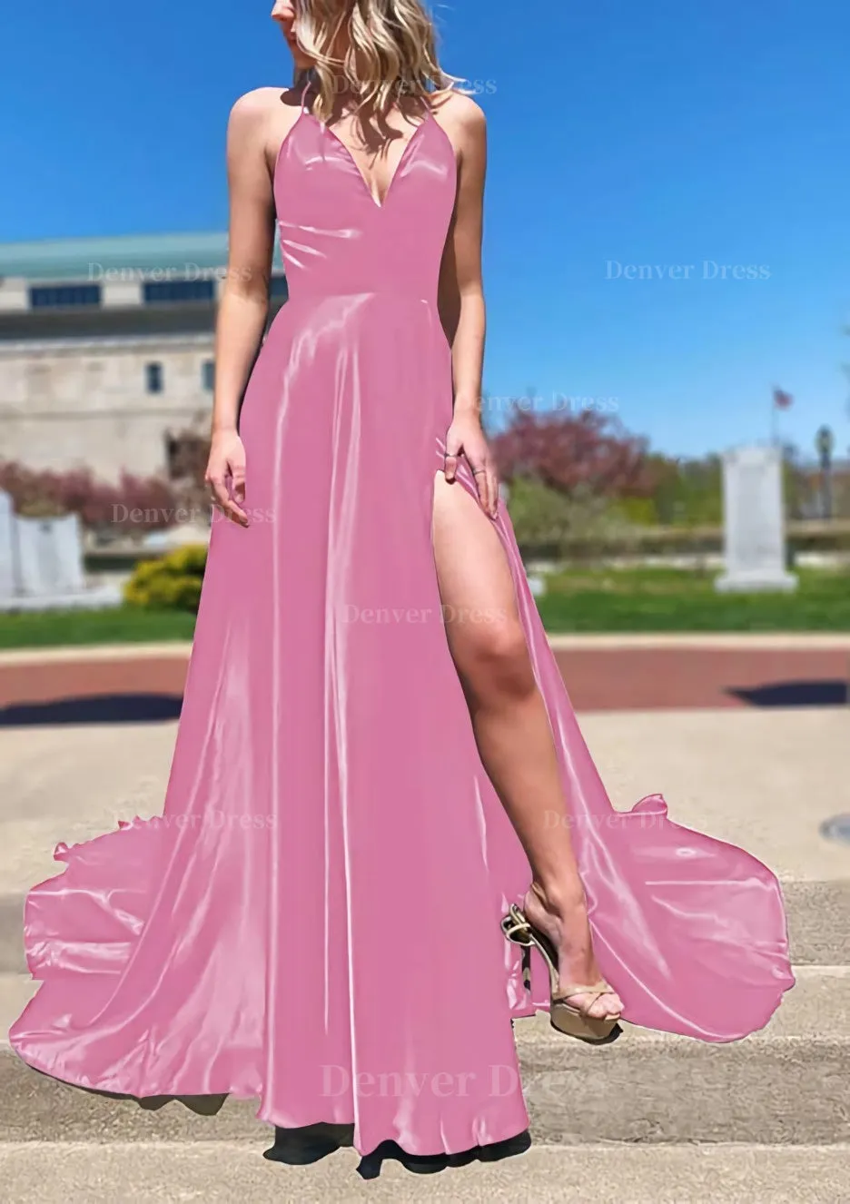 A-line V Neck Spaghetti Straps Sweep Train Charmeuse Prom Dress With Split