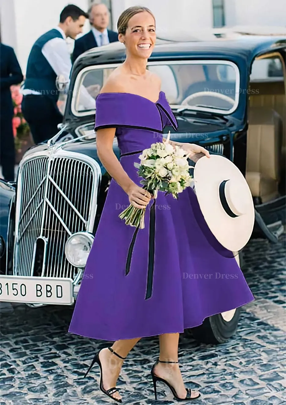 A-line/Princess Off-the-Shoulder Sleeveless Tea-Length Satin Bridesmaid Dresses With Low Back