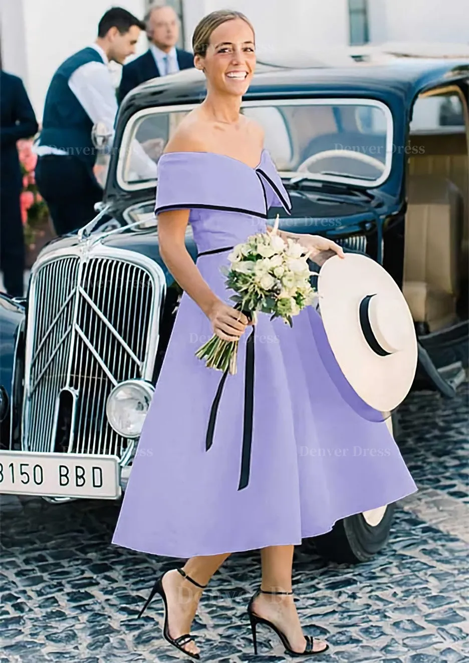 A-line/Princess Off-the-Shoulder Sleeveless Tea-Length Satin Bridesmaid Dresses With Low Back