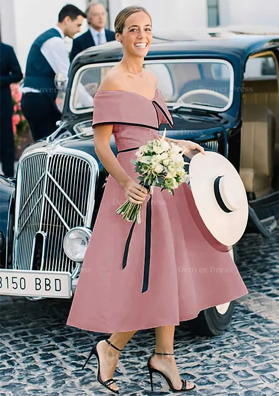 A-line/Princess Off-the-Shoulder Sleeveless Tea-Length Satin Bridesmaid Dresses With Low Back