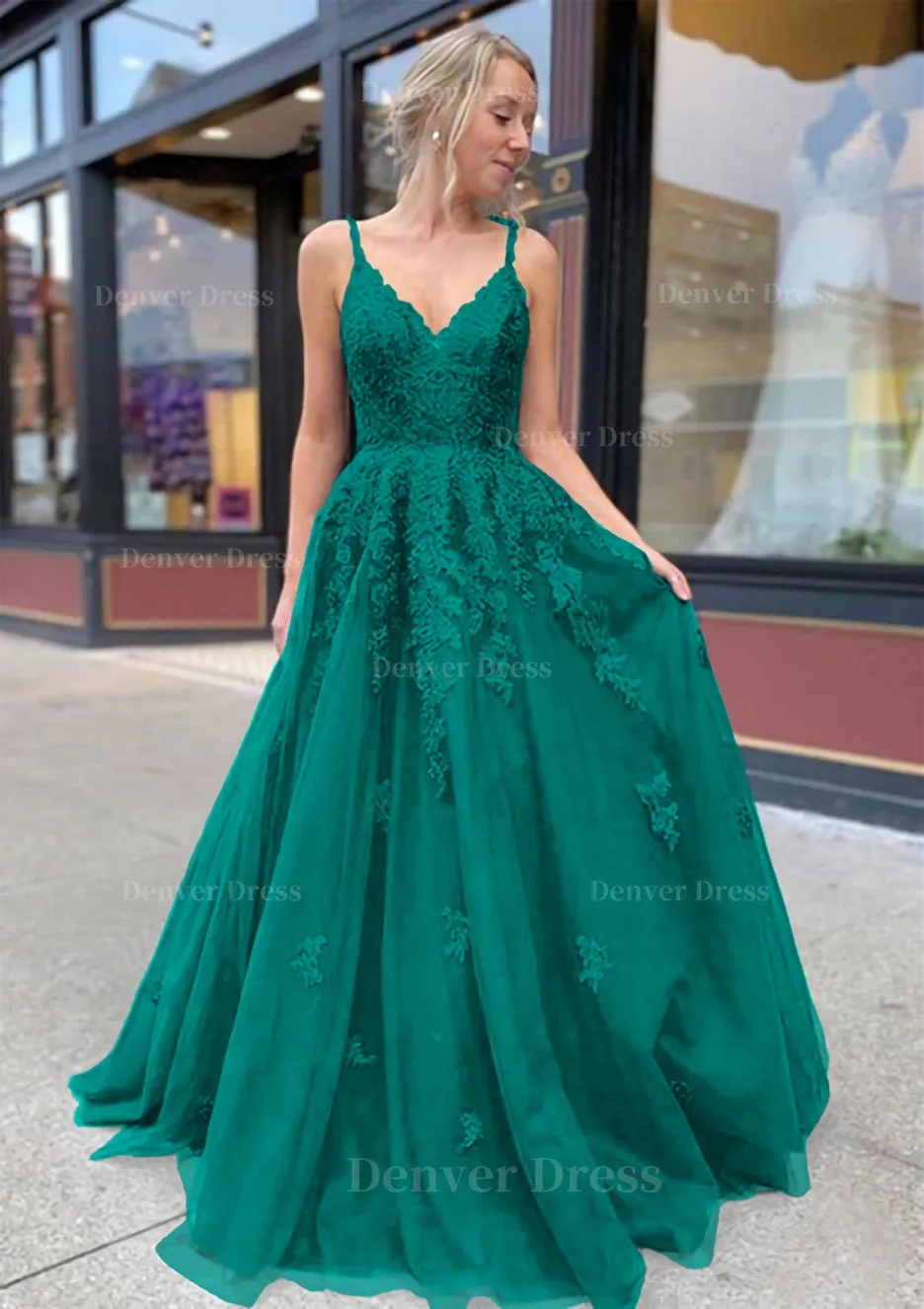 A-line/Princess V Neck Sweep Train Lace Prom Dresses