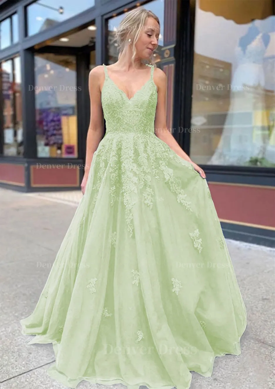 A-line/Princess V Neck Sweep Train Lace Prom Dresses