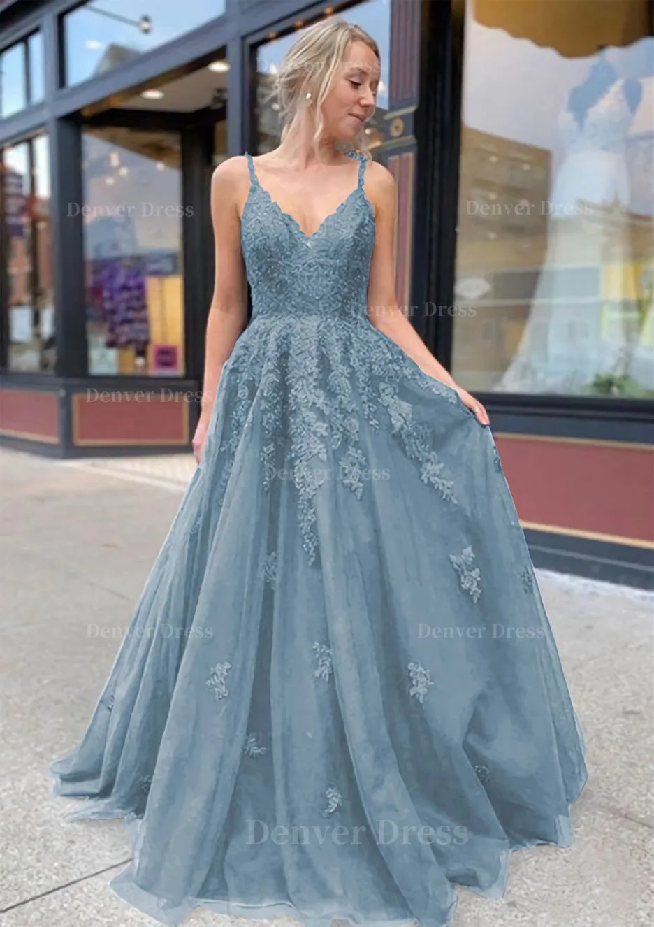 A-line/Princess V Neck Sweep Train Lace Prom Dresses