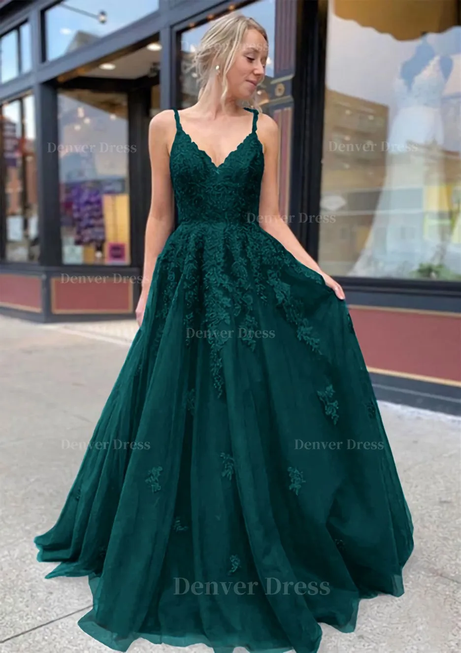 A-line/Princess V Neck Sweep Train Lace Prom Dresses