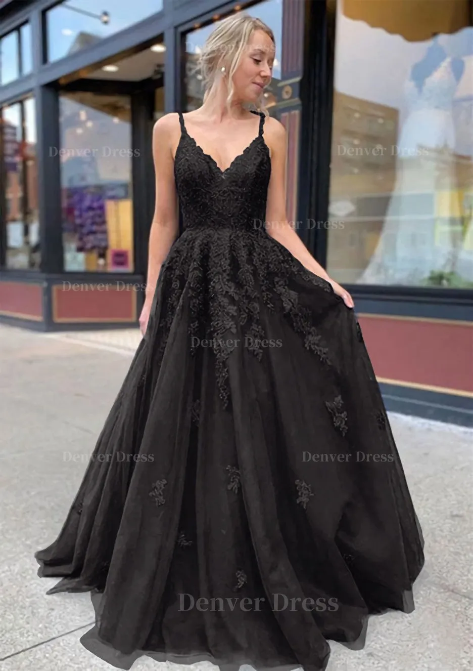 A-line/Princess V Neck Sweep Train Lace Prom Dresses