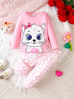 Adorable Baby Girl Cat Print Top  Leopard Pants Set