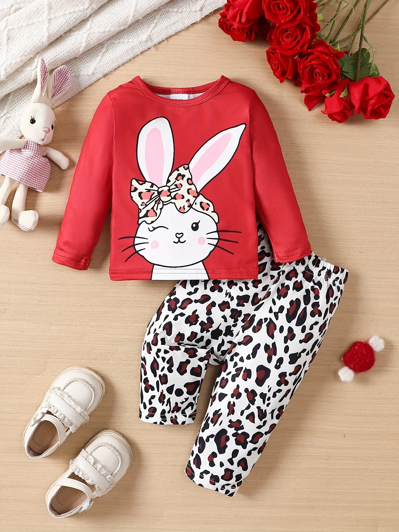 Adorable Baby Girl Cat Print Top  Leopard Pants Set