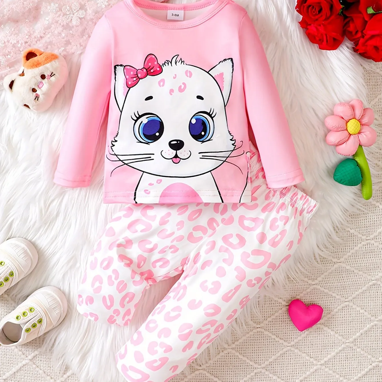 Adorable Baby Girl Cat Print Top  Leopard Pants Set