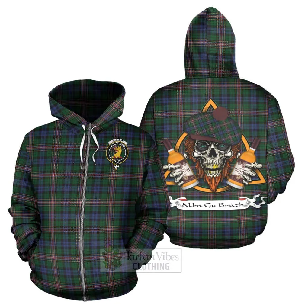 Allison Tartan Hoodie with Family Crest and Bearded Skull Holding Bottles of Whiskey