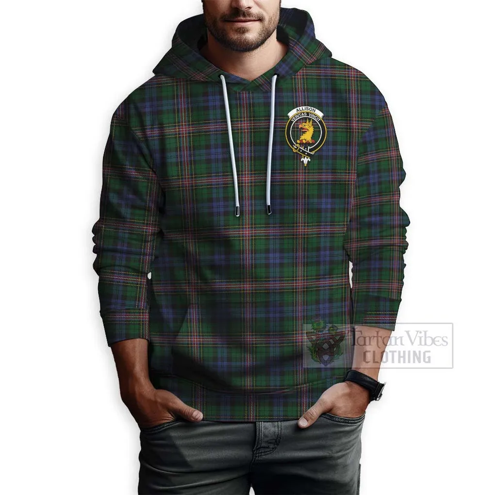 Allison Tartan Hoodie with Family Crest and Bearded Skull Holding Bottles of Whiskey