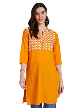 Amazon Brand - Myx Women's Cotton Screen Print Regular Fit Kurti (AW18D4_Yellow_L)