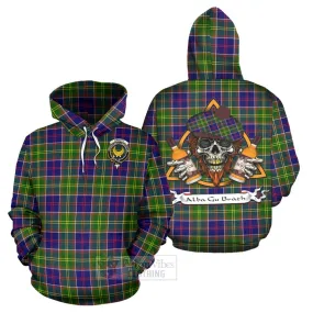 Arnott Tartan Hoodie with Family Crest and Bearded Skull Holding Bottles of Whiskey