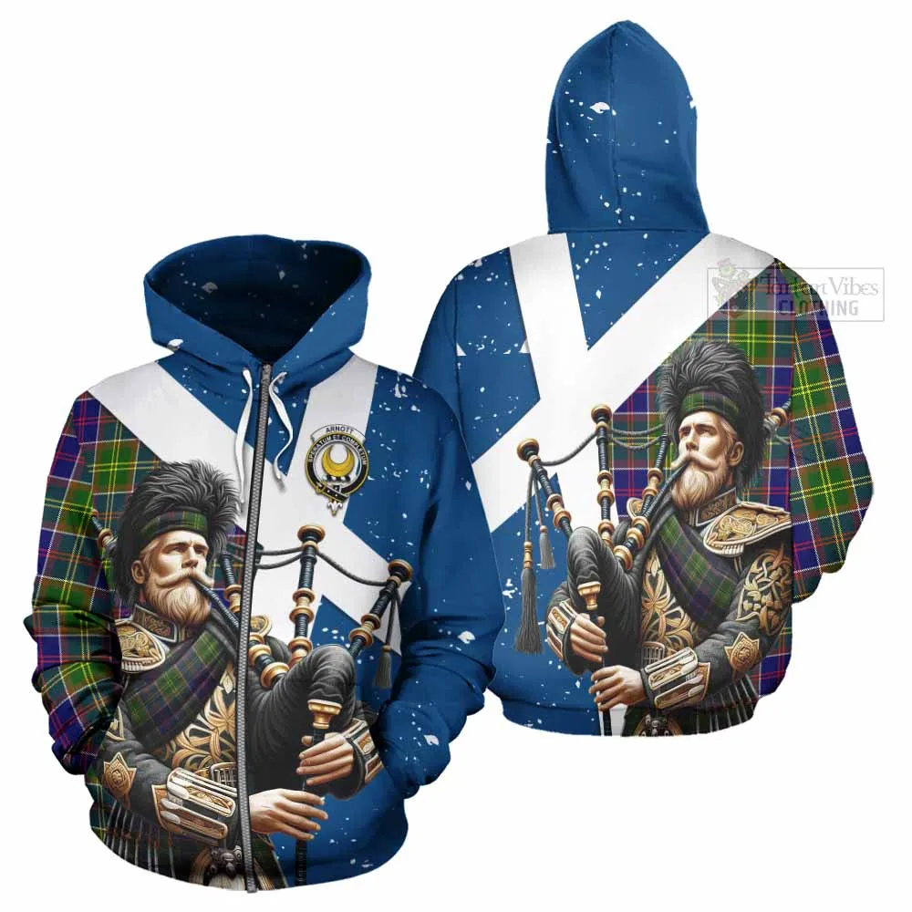 Arnott Tartan Hoodie with Family Crest Scottish Bagpiper Vibes